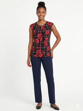 Liz Claiborne NWOT Stretchy Comfy Black Sleeveless Top with Red Floral Print